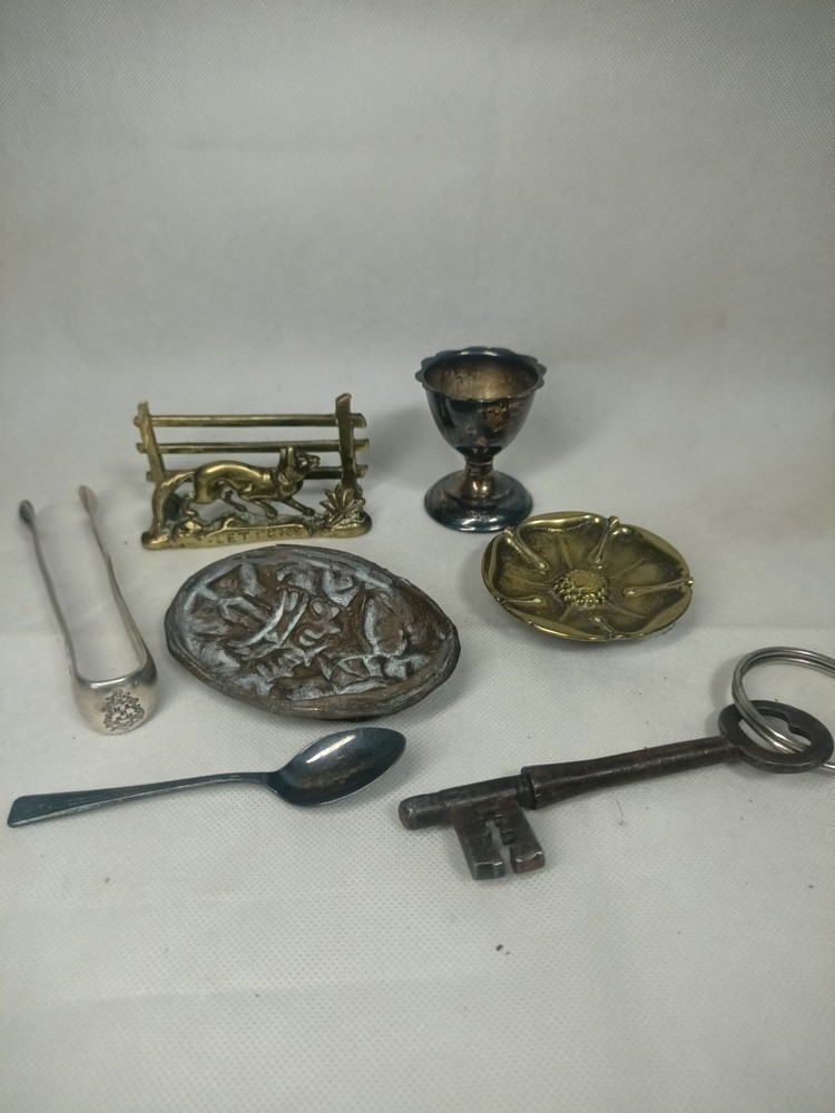 Antique Brass Fox Letter Rack, Iron Key & Silver Plate Metalware Bundle