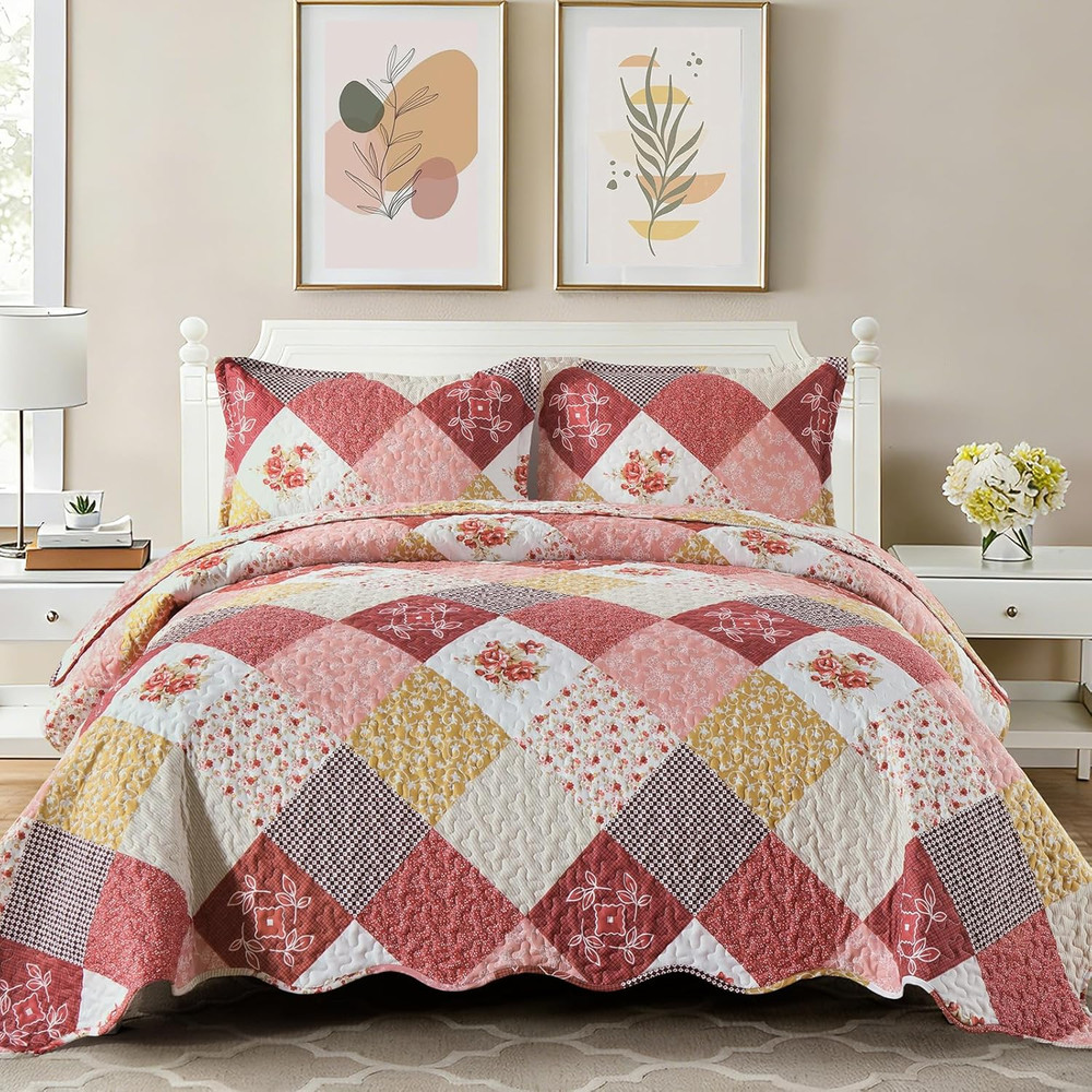 Romantic Pink Quilt Set Queen Size, Reversible Floral Plaid Patchwork Pattern Be