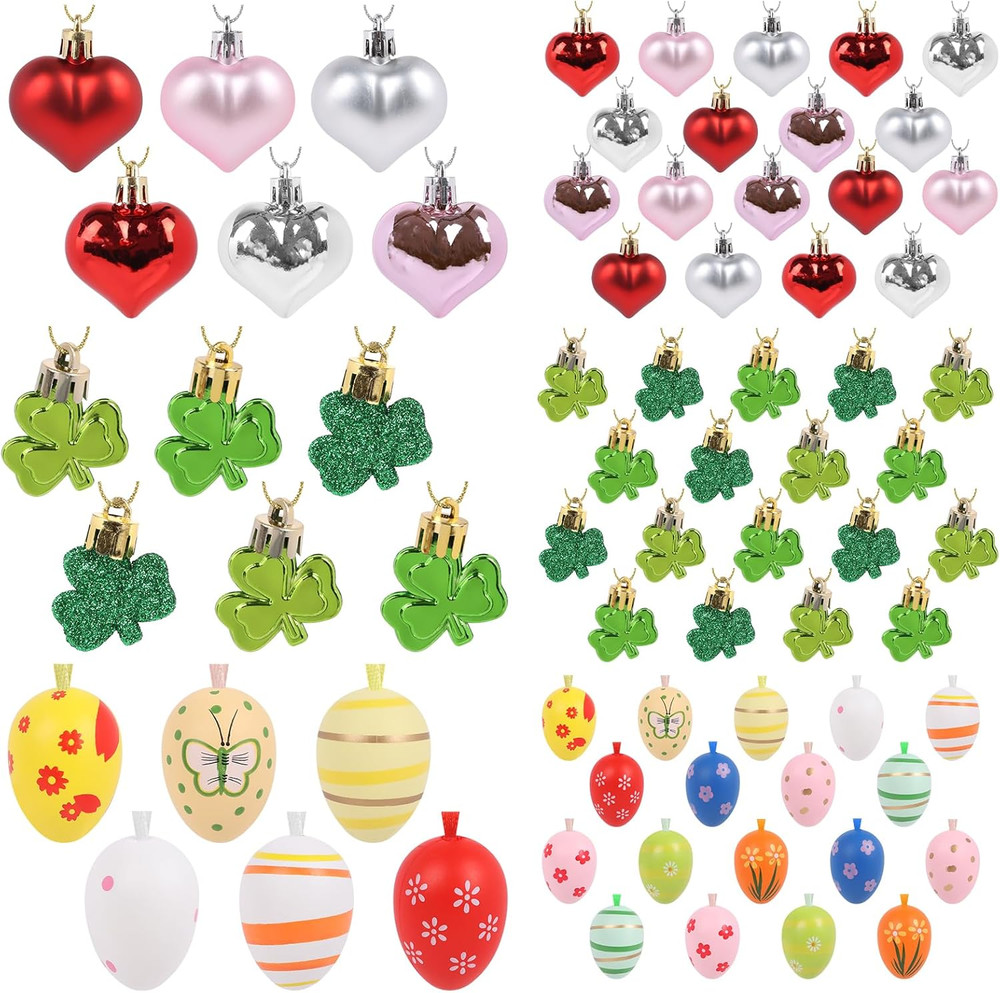 72Pcs Easter Egg Hanging Sets for Easter Holiday Decorations, Shamrock Mini Hear