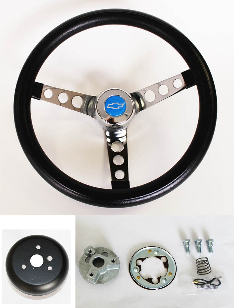 Chevelle Camaro Nova GRANT Black Steering Wheel 13 1/2" Blue Bowtie Horn Cap