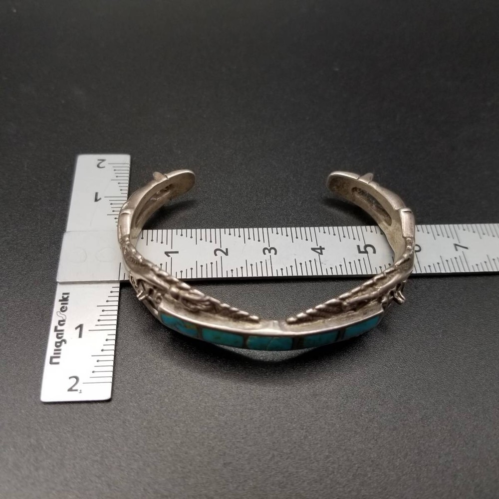 騎士 人の彫刻 ターコイズ インレイ ヴィンテージ シルバー カフ ブレスレット 民族的 トライバル 個性派ジュエリー Y19-F