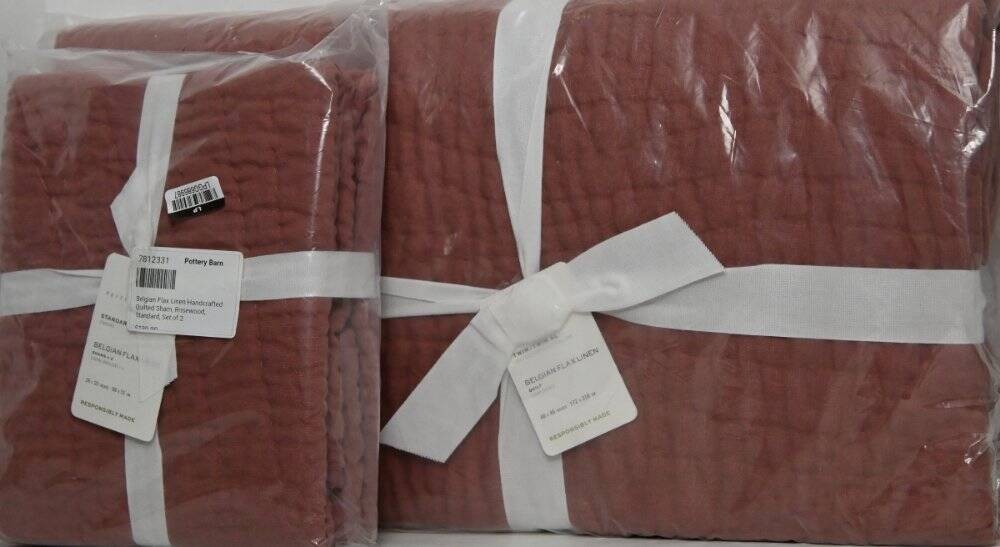 Pottery Barn Belgian Flax Linen Handcrafted Quilt, Twin & 2 Shams Rosewood NWT