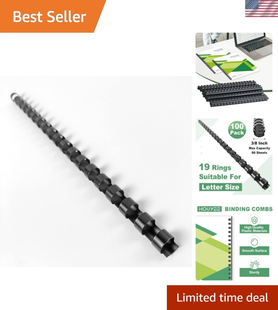 100 Pack Black Plastic Binding Comb 3/8 Inch, 60 Sheet Capacity for Documents