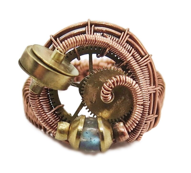 Adjustable Labradorite Steampunk Ring in Copper and Brass