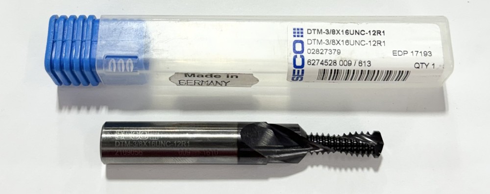 SECO 3/8"-16 Solid Carbide Thread Mill TiAlN Helical 2 Flute Coolant Thru