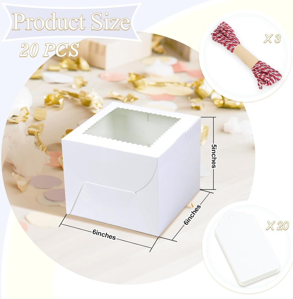 20Pcs Mini Cake Boxes with Window, 6x6x5 Inches White Bakery Boxes,