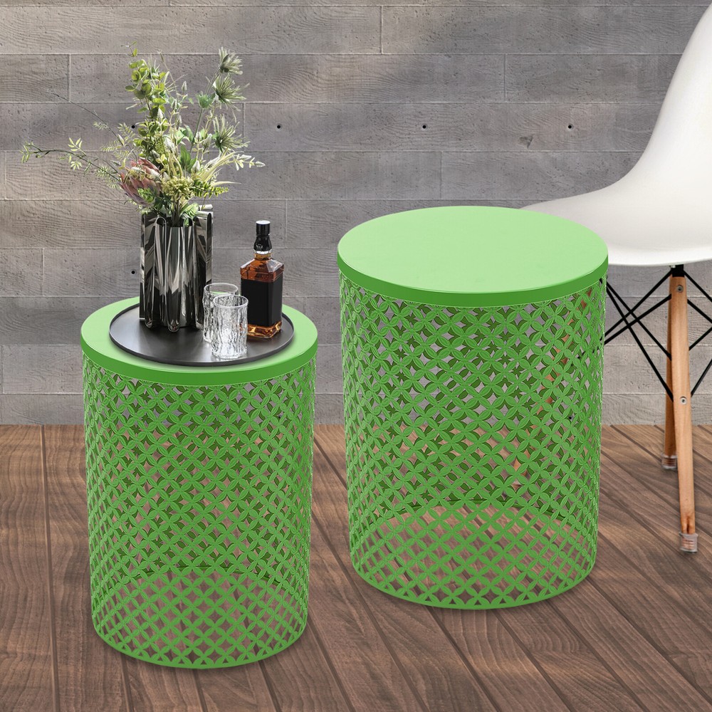 2PCS Green Side Table Metal Frame Accent Table Modern Openwork Pattern End Table