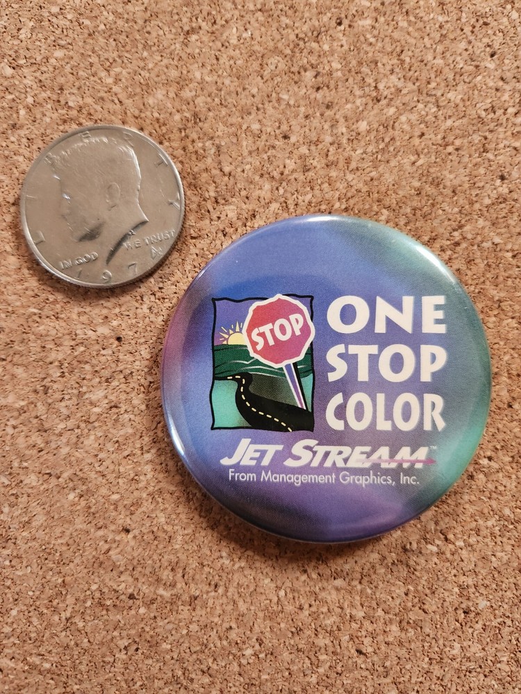 Vtg One Stop Color Jet Stream Management Graphics Inc Computer pinback button