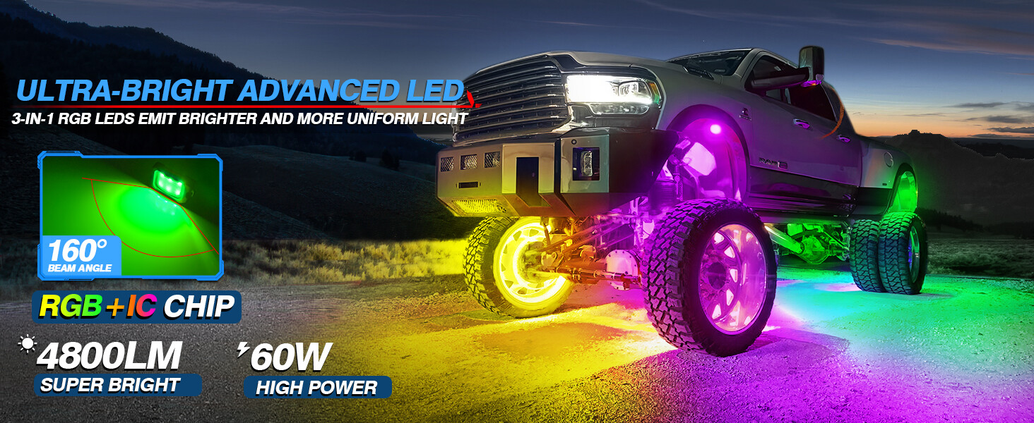 MICTUNING C2 Max RGB+IC LED Rock Lights, Upgrade 12 Pods Chasing Neon Lights Kit