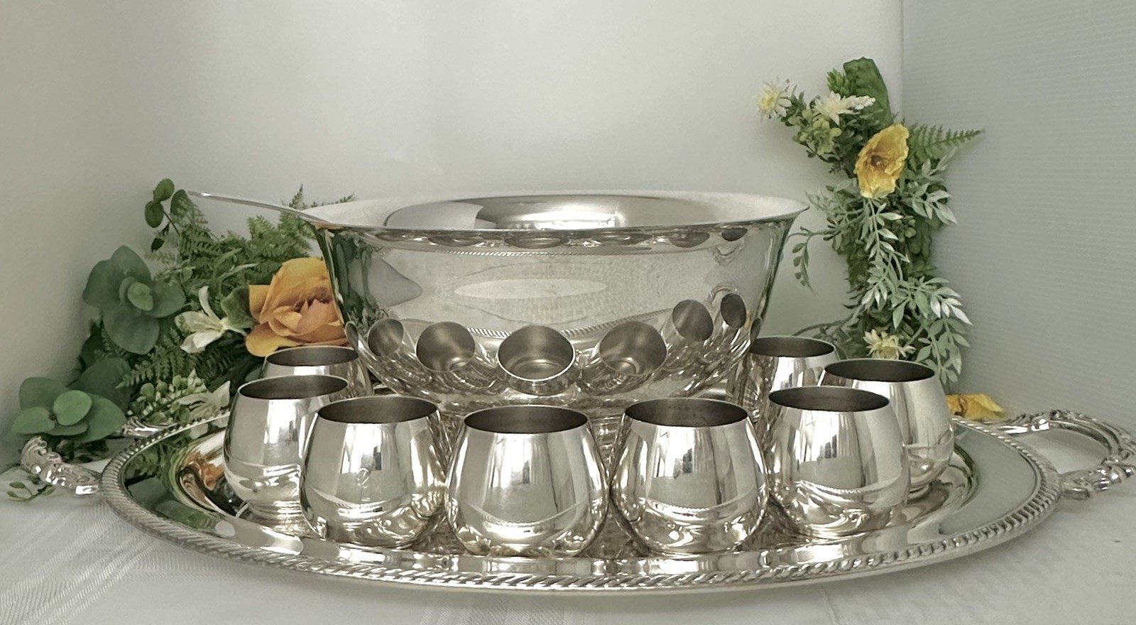 Punch Bowl Silver Plated Set Tray, Cups, Bowl, Ladle Vintage Drinkware - 14 pc