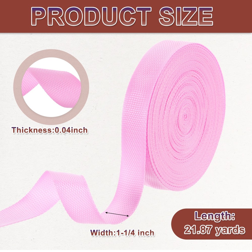 Nylon Webbing Strap, 22 Yards x 1-1/4" Polypropylene Flat Webbing Strap (Pink)