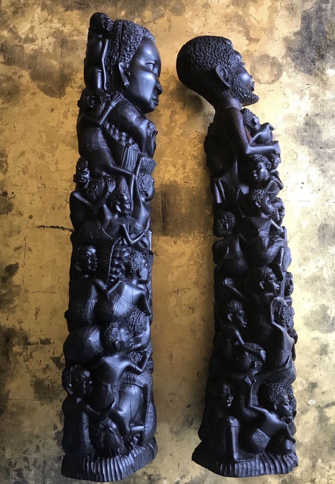 Antique Pair of EBONY MALE & FEMALE MAKONDE . “Tree of Life” STATUES . 24"+ TALL