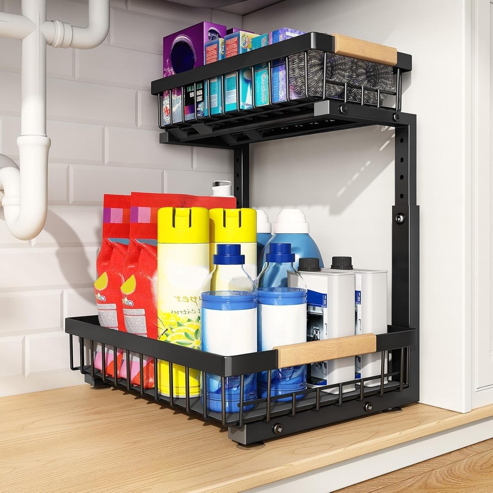 Under Sink Organizer Adjustable Height 2 Tier Pull Out Under Organizer Cabinet