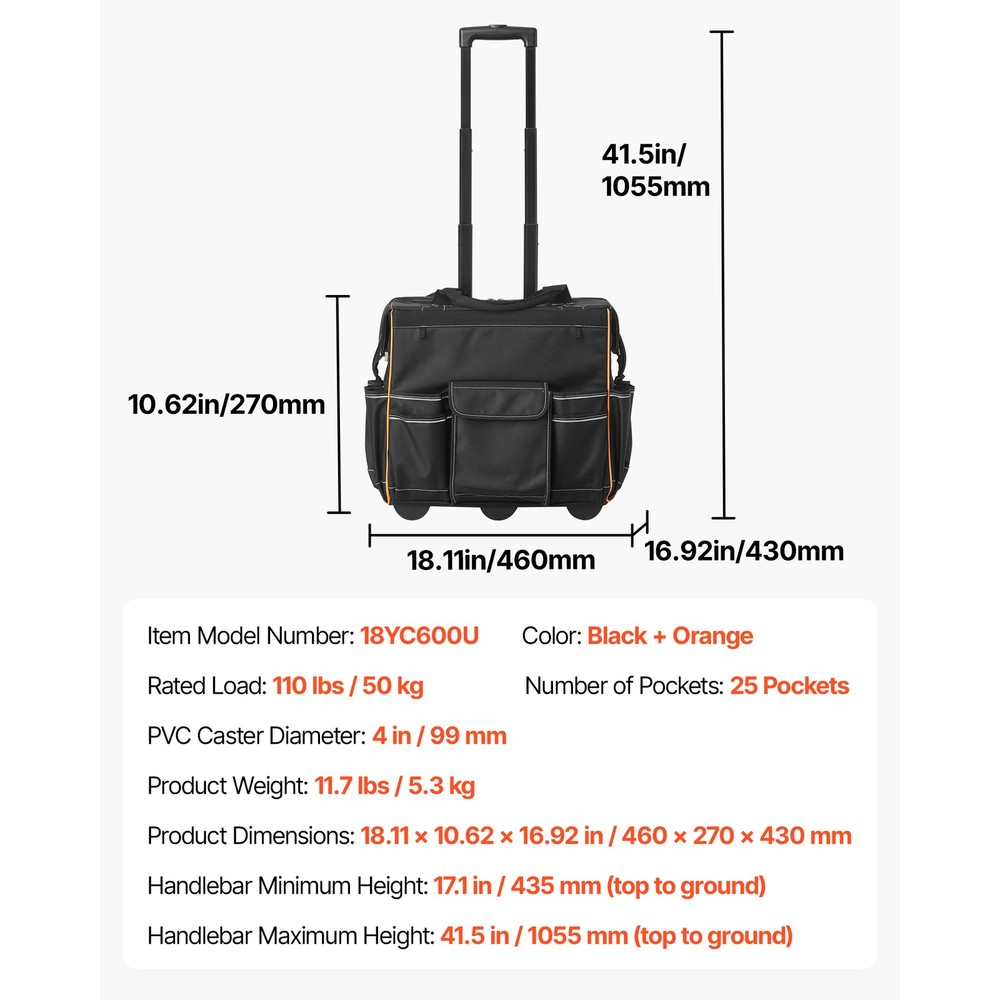 Rolling Tool Bag 25 Pockets Heavy Duty Roller Tool Bag Telescoping Handle
