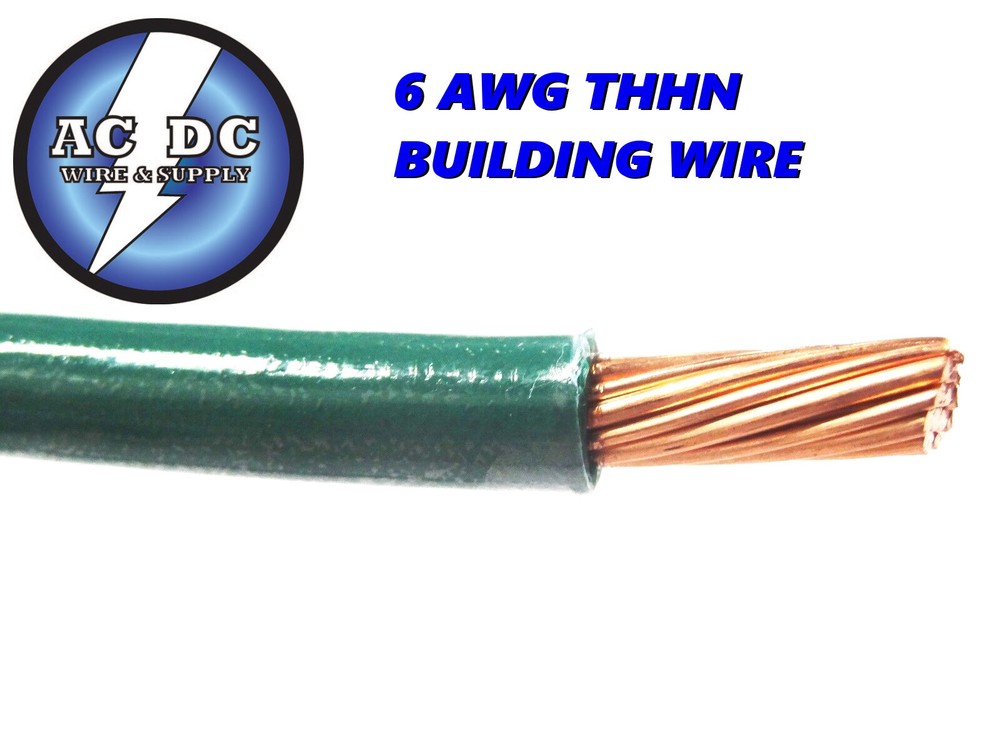 THHN THWN 6 AWG GAUGE GREEN NYLON PVC STRANDED COPPER  BUILDING WIRE 50'