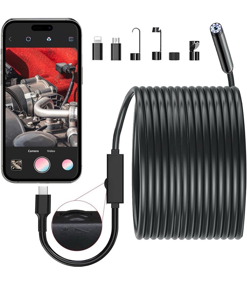 ENDOSCOPE CAMERA WITH LIGHT 16.4FT SEMI-RIGID CABLE WATERPROOF BORESCOPE SNAKE