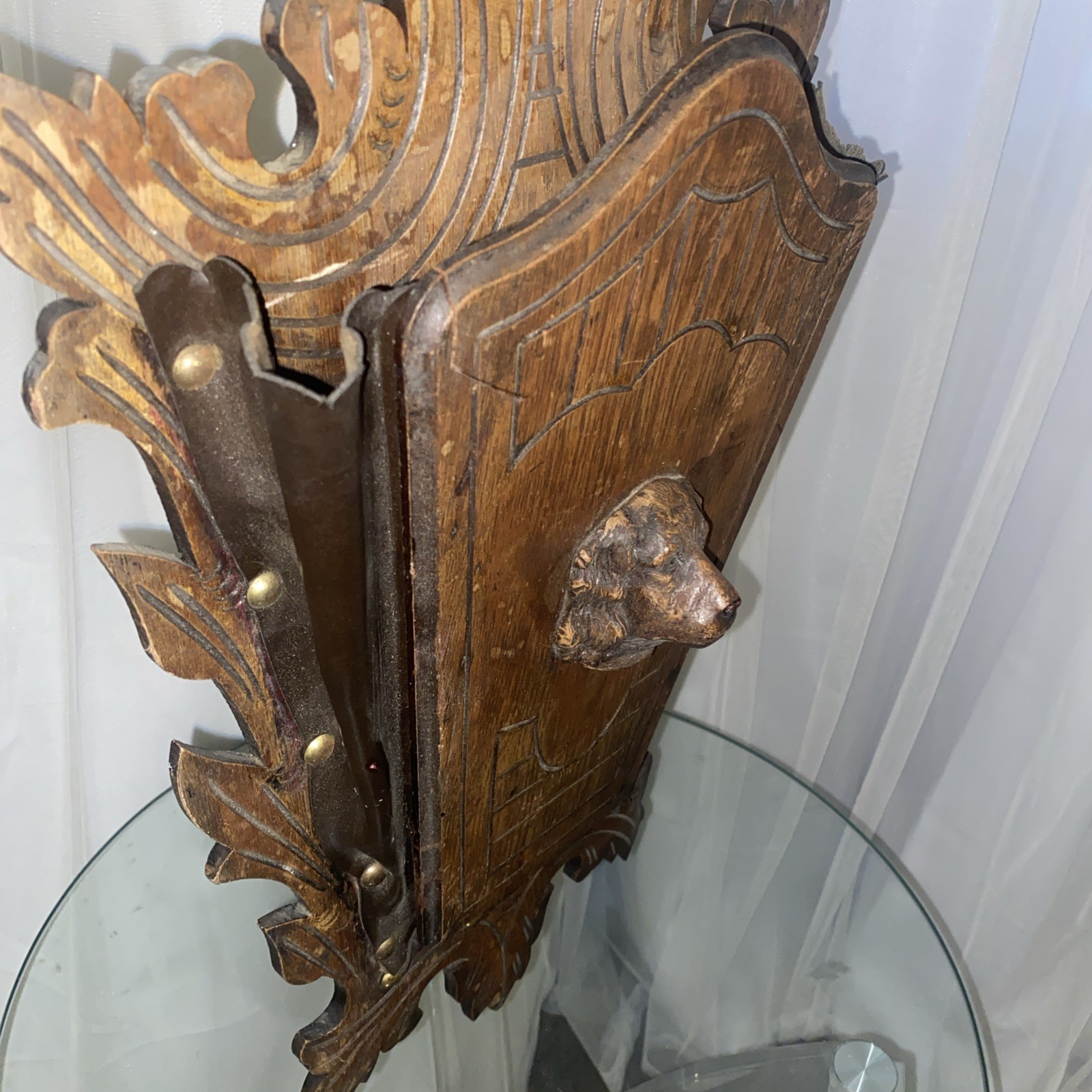 Antique Victorian Walnut Wall pocket Magazine Newspaper Rack Holder Spaniel Dog