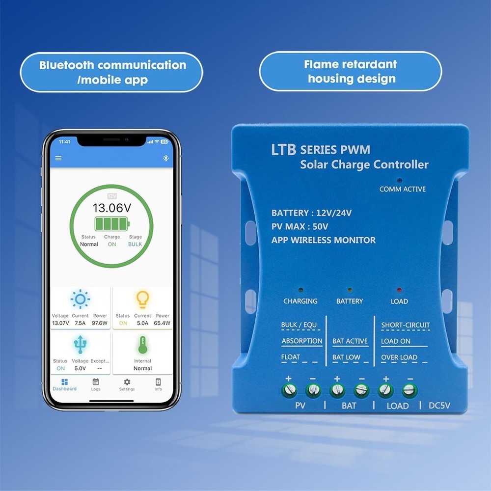20A Solar Controller 12V/24V PV Max 50V Panel Battery Regulator Bluetooth