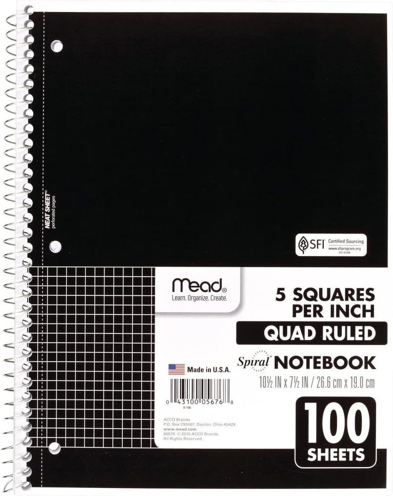 Graph Ruled 1 Subject Notebook, 100 Sheets, 3-Hole Punched, Ideal for Binders