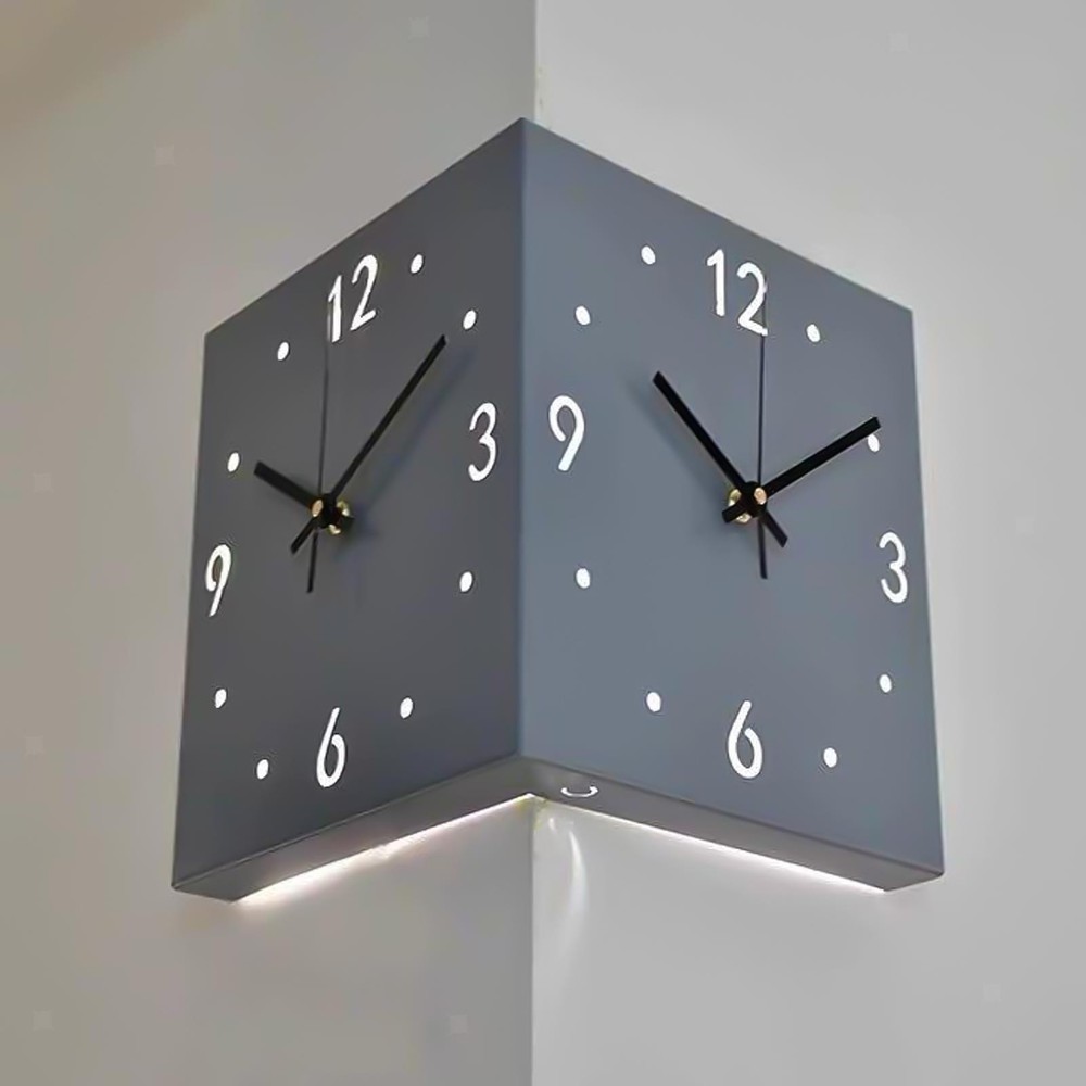 Double Sided Corner Wall Clock Decorative with Light Easy Read Square Silent for