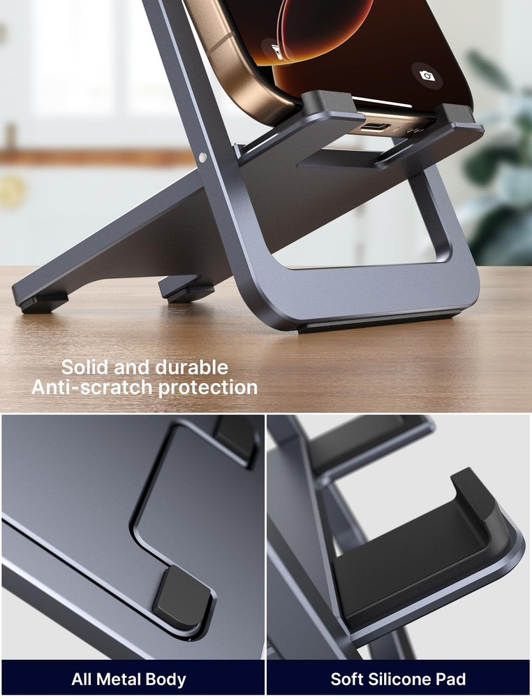 JSAUX Cell Phone Stand, Foldable Aluminum Adjustable 1-PACK, Grey