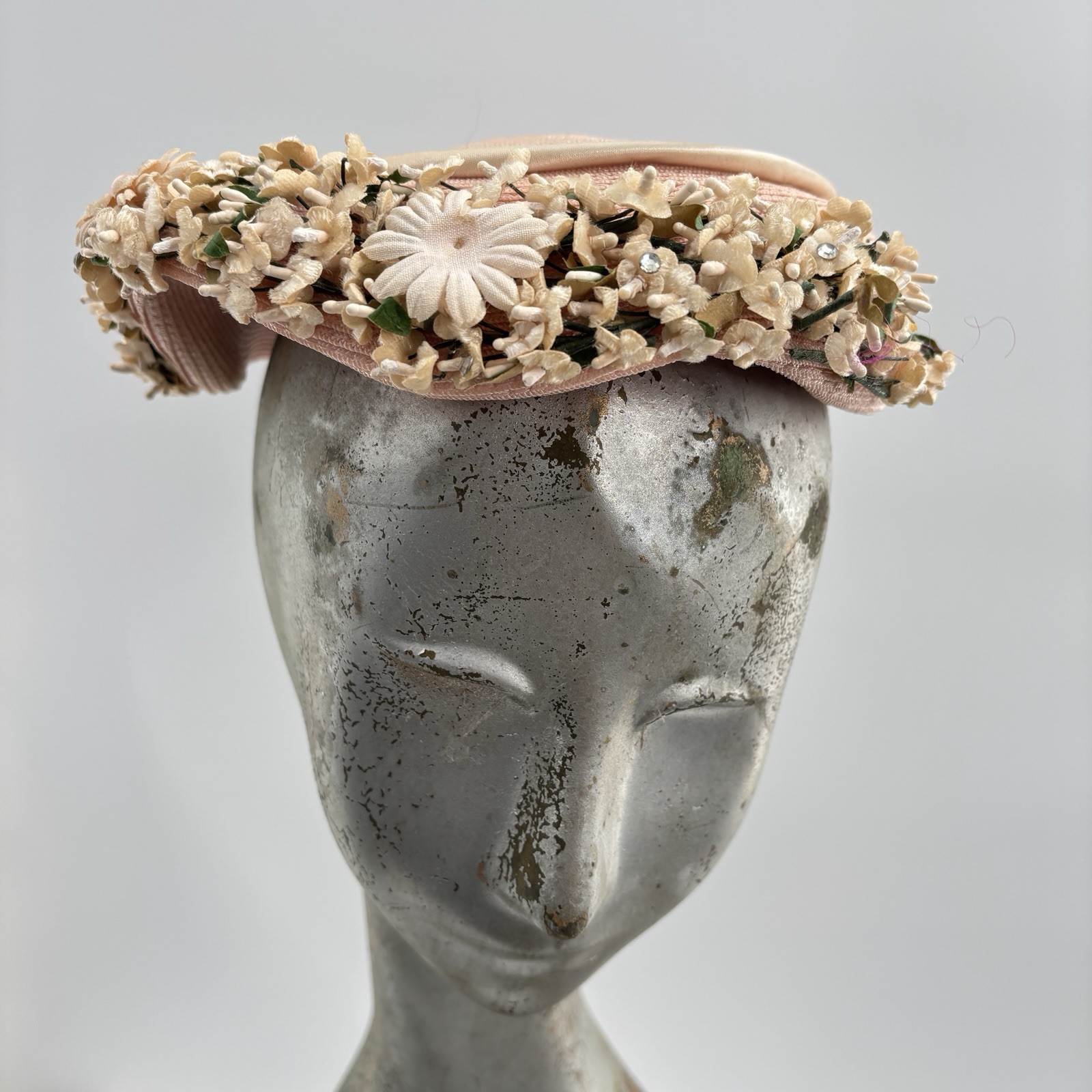 Vtg 60s Bon Rey Pink Floral Straw Hat Garden Party Tea Wedding