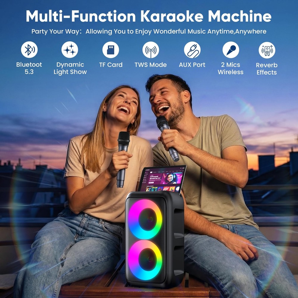 Karaoke Machine, Portable Bluetooth Speaker with 2 Wireless Karaoke Microphon...