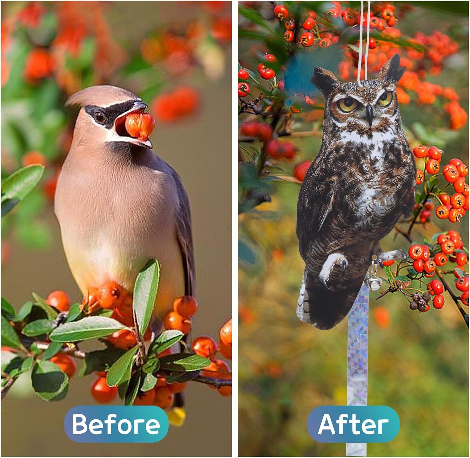 Bird Scarer, 4Pack Fake Owl Hanging to Keep Birds Away Mighty Hawks 4pcs