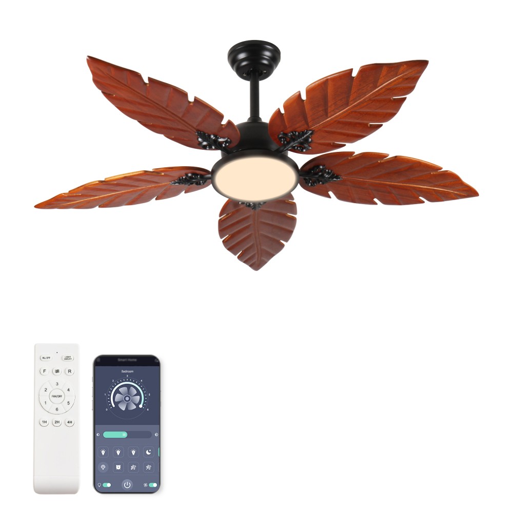 52" Palm Leaf Ceiling Fan w/ Light, Indoor/Outdoor, Reversible, Black+Bronze