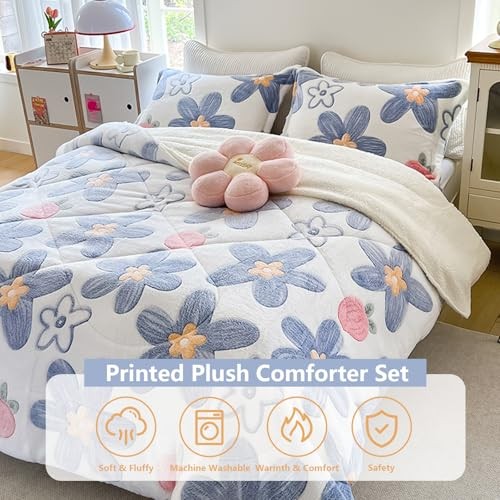 Fleece Comforter Set - 3 Piece Queen Size Thick Queen(90"x90") Blue Floral