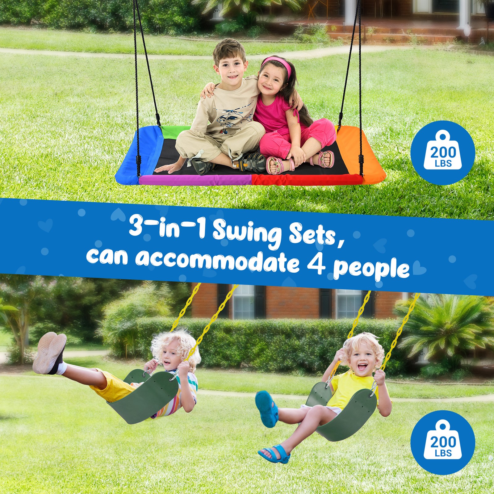 600lb 7.3ft Heavy Duty Frame Metal Swing Set w/3 Swings for Kids Outdoor Playset
