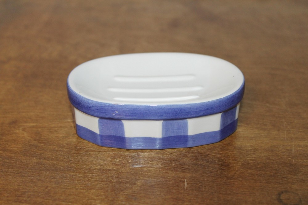 ELPA Four Piece Ceramic Bathroom Set with Blue and White Checkered Pattern