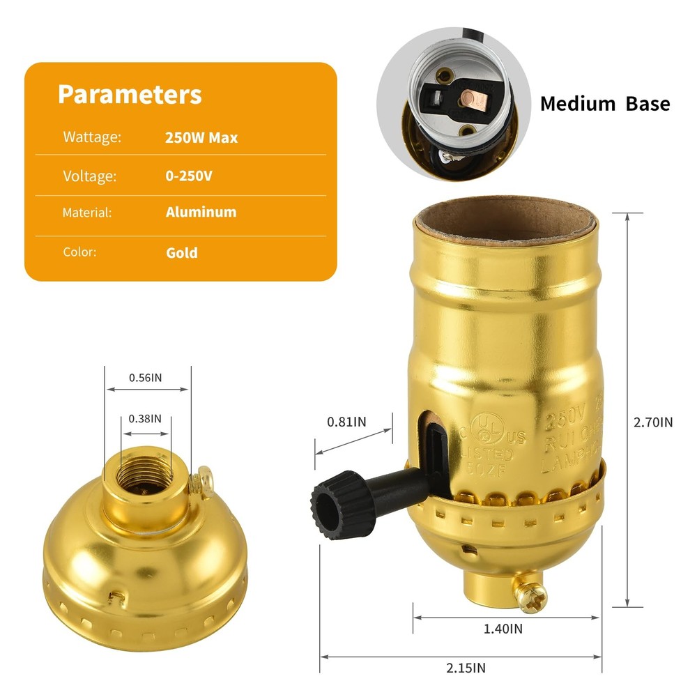 2PCS Lamp Socket Replacement, UL Listed E26 Standard Threaded Base Light Glod