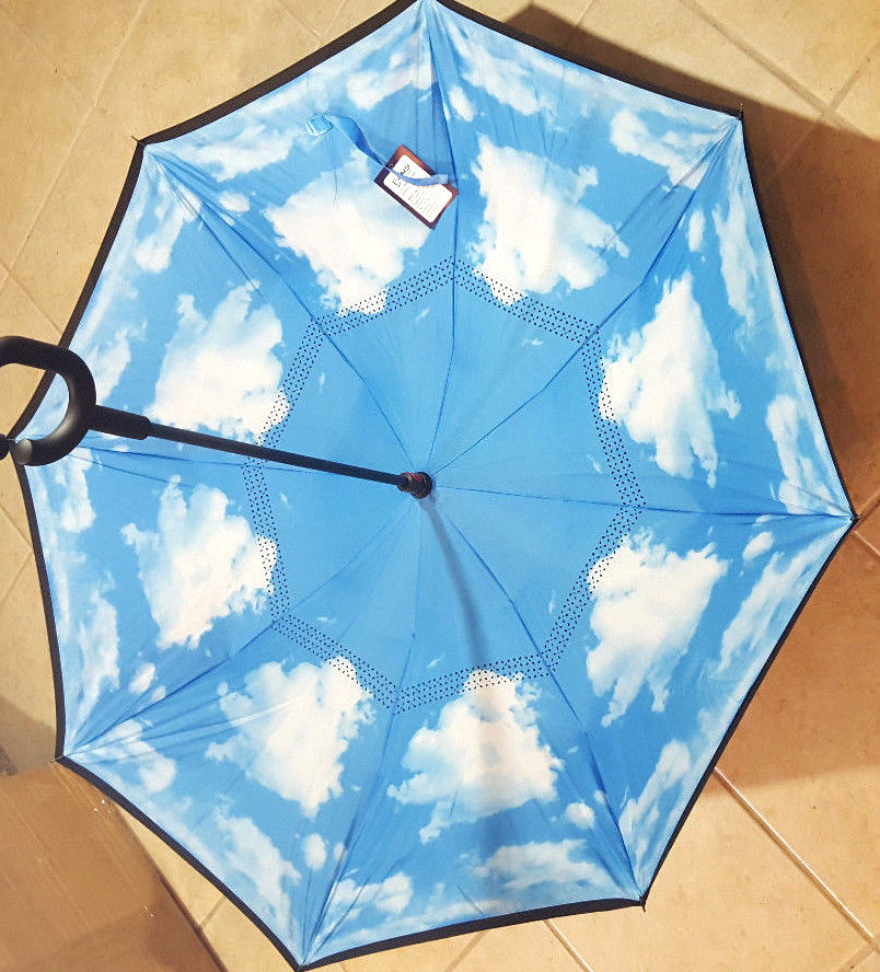 Inverted Upside Down Umbrella Rain C Handle Reverse Opening 2 Layer Inside Out