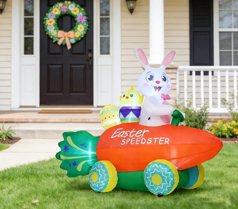 Inflatable Easter Bunny with Carrot Car and Easter Eggs, 6FT Easter Inflatables