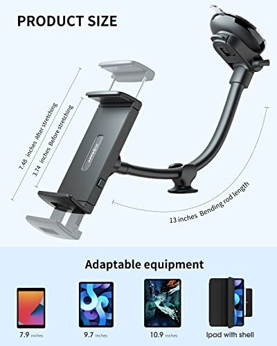 Tablet Car Mount Windshield Dashboard, Suction Cup Long Gooseneck Tablet