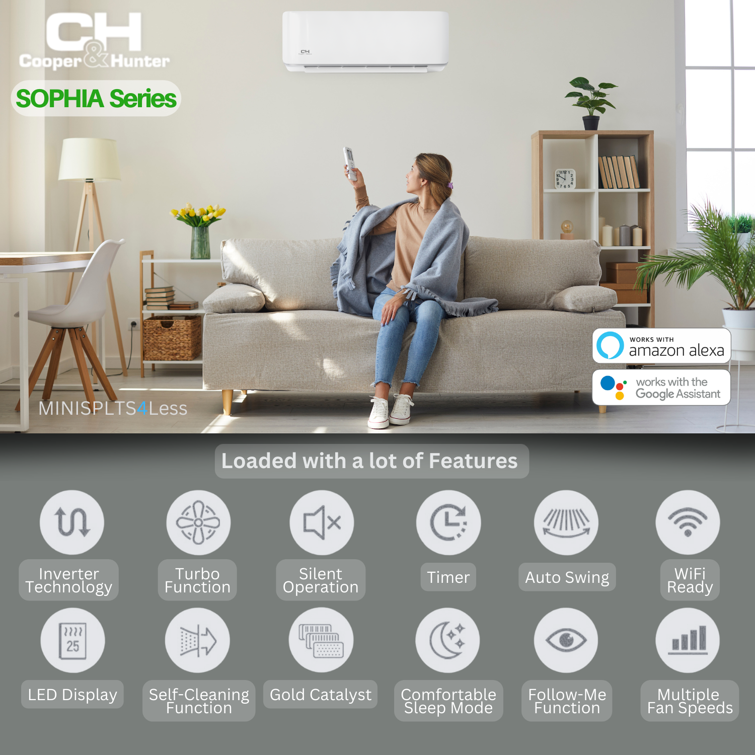 9000 - 36000 BTU 230V Single Zone Sophia Series Mini Split Air Conditioner + Kit