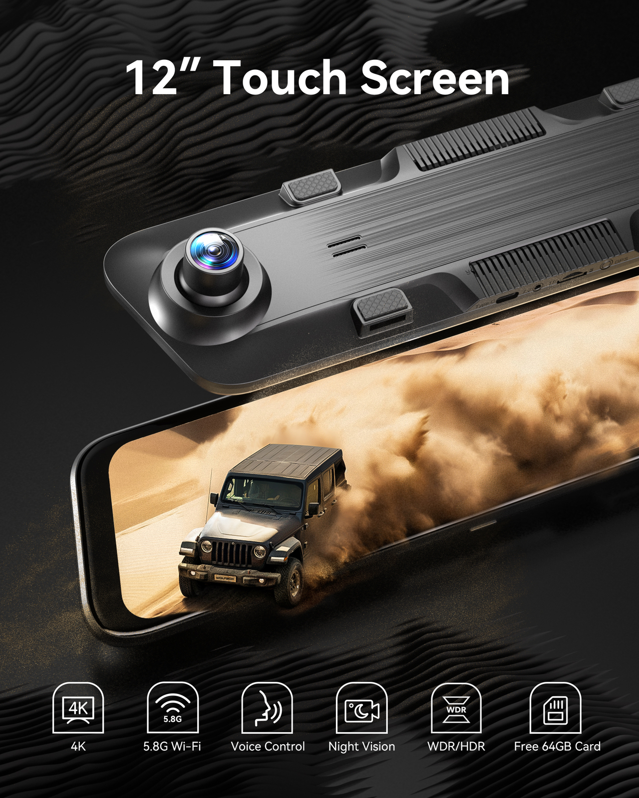 WOLFBOX 4K 12" Mirror Dash Cam Front and Rear Inside 5G WiFi Parking Monitoring