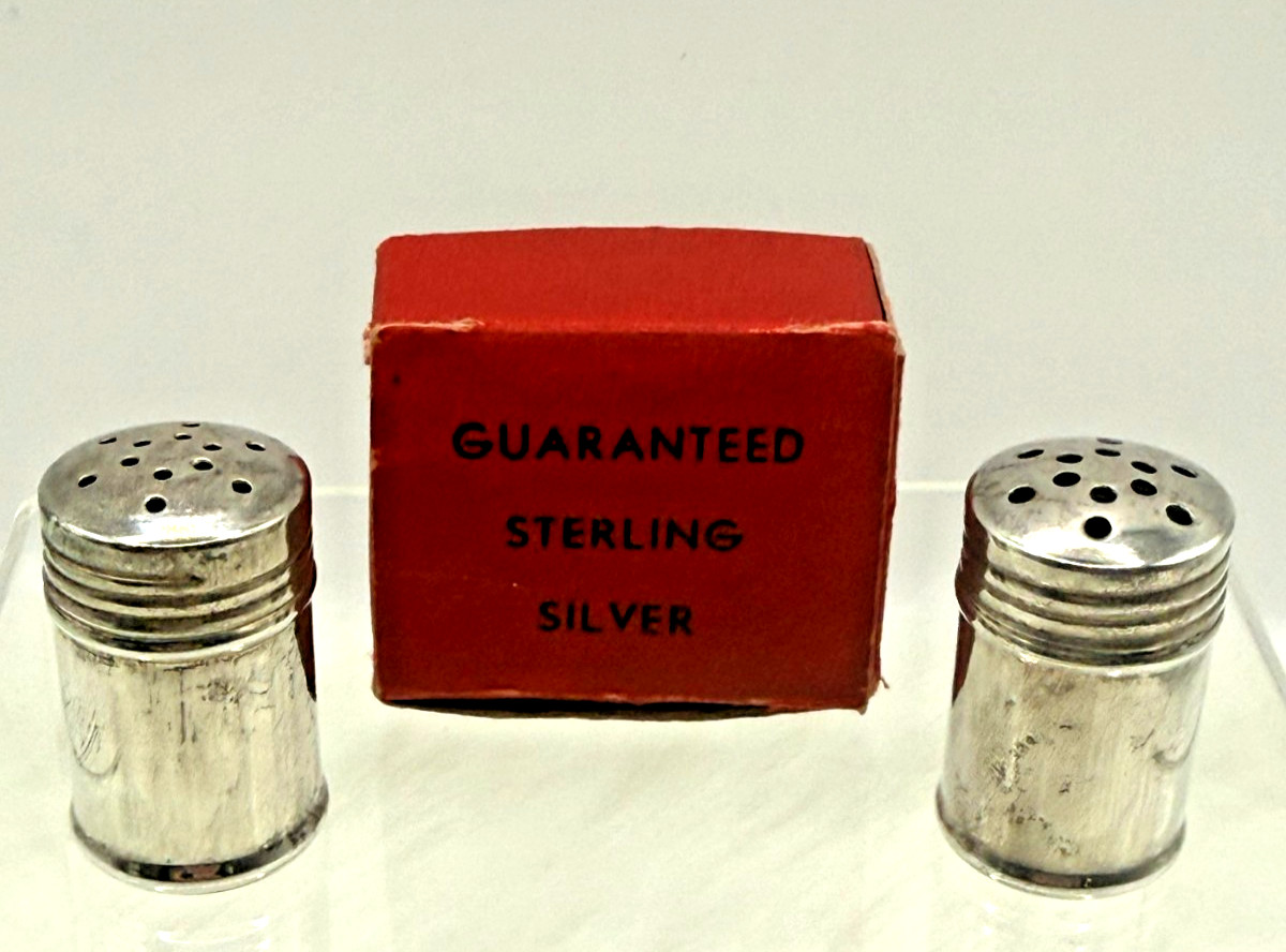 Antique 1930 Sterling Silver Miniature Salt & Pepper Shakers W/Original Box