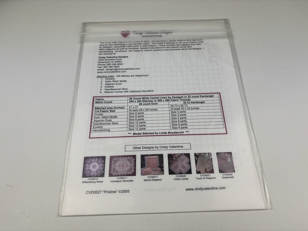 Cindy Valentine Designs Pristine Hardanger Needlepoint Pattern 7S