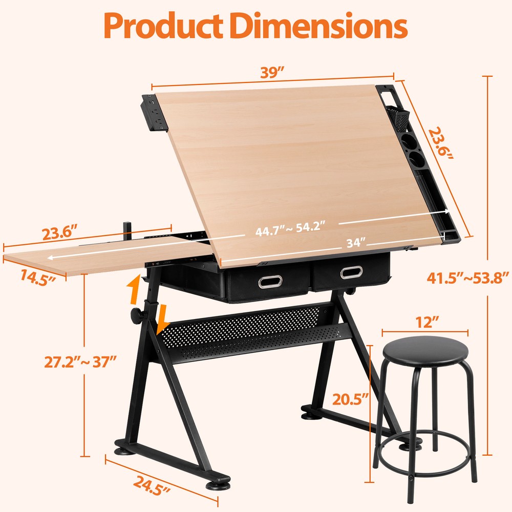 Drafting Table and Stool Set with Tilted Tabletop and Adjustable Height Natural