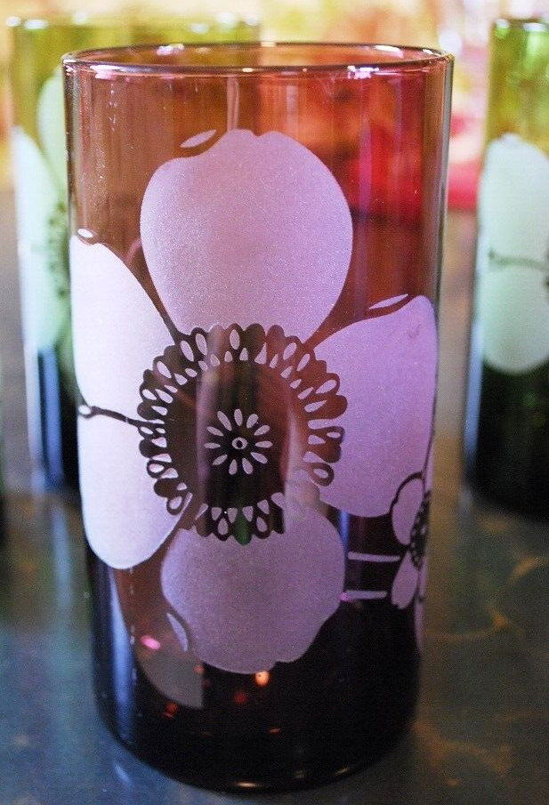 Vtg Set 8 PIER 1 Tumbler Glasses ETCHED FLOWER Hand Blown 6" Multicolor 20 Ounce