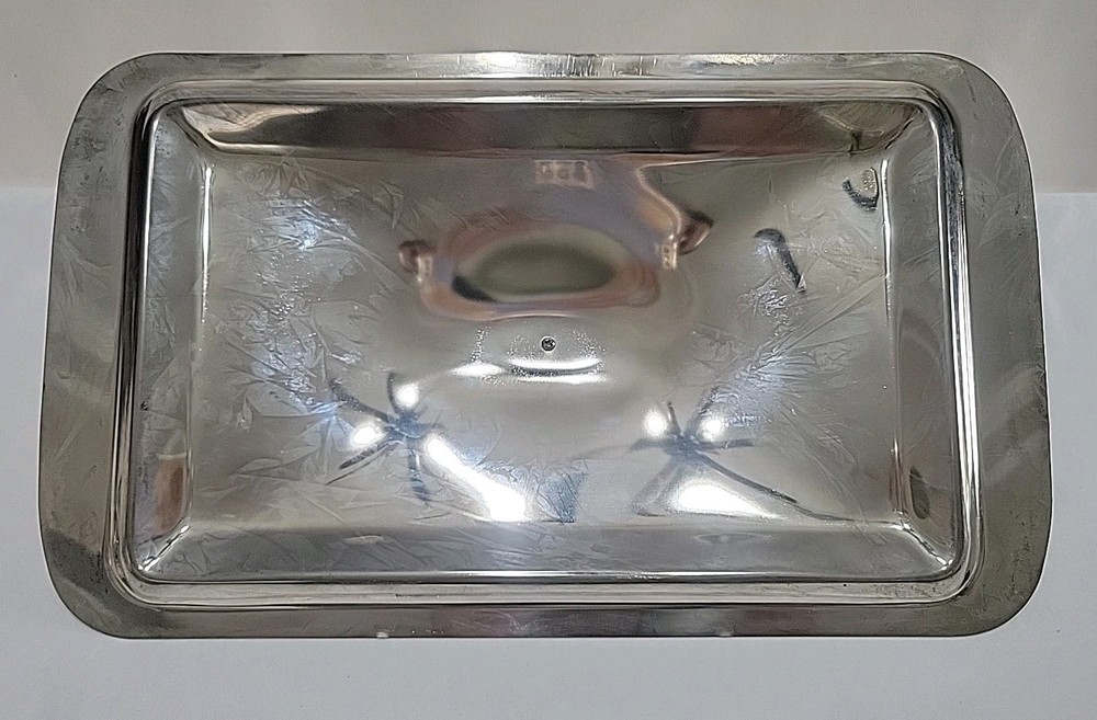 Vintage Silverplate Serving Dish w/Lid & 2 Qt Glass Insert Patina 16 1/2" L