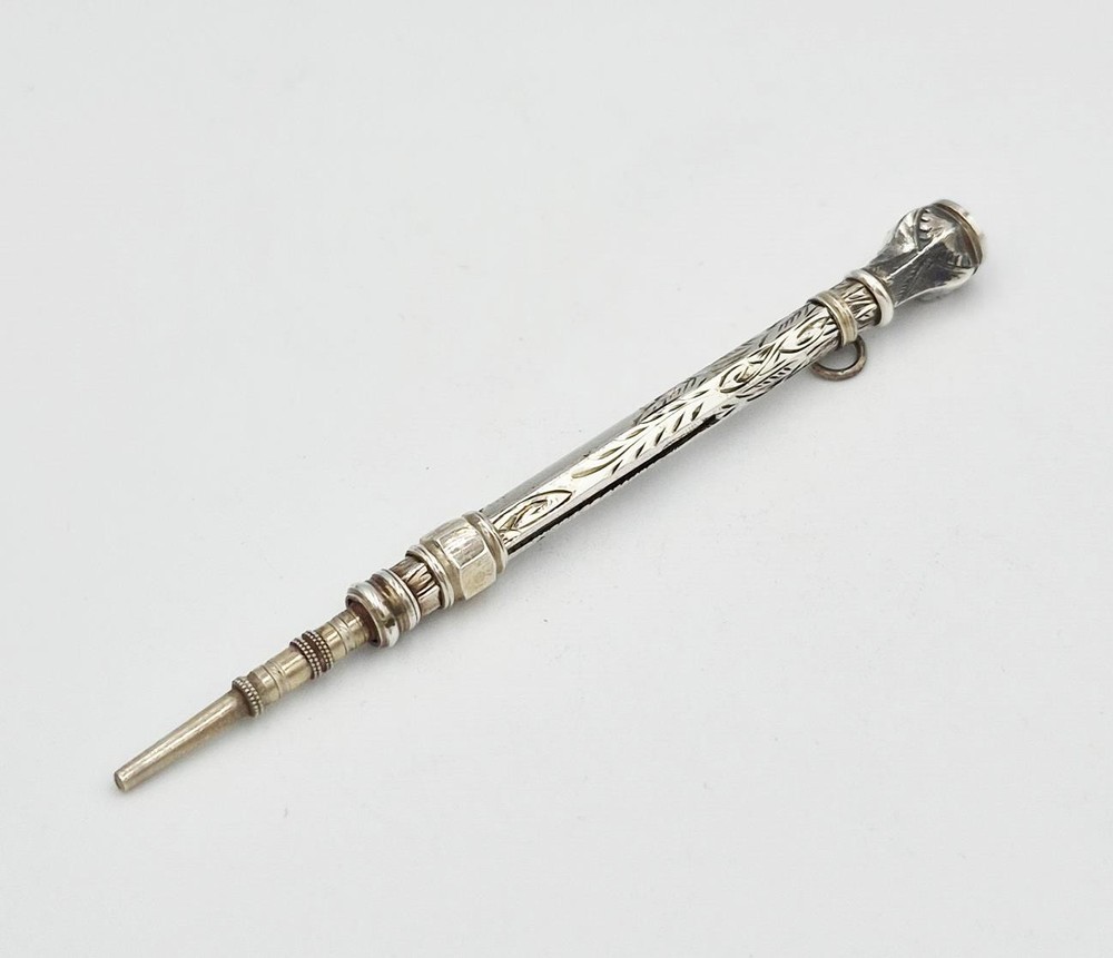 VICTORIAN SOLID SILVER AMETHYST SEAL-TOP SLIDE PENCIL c1870