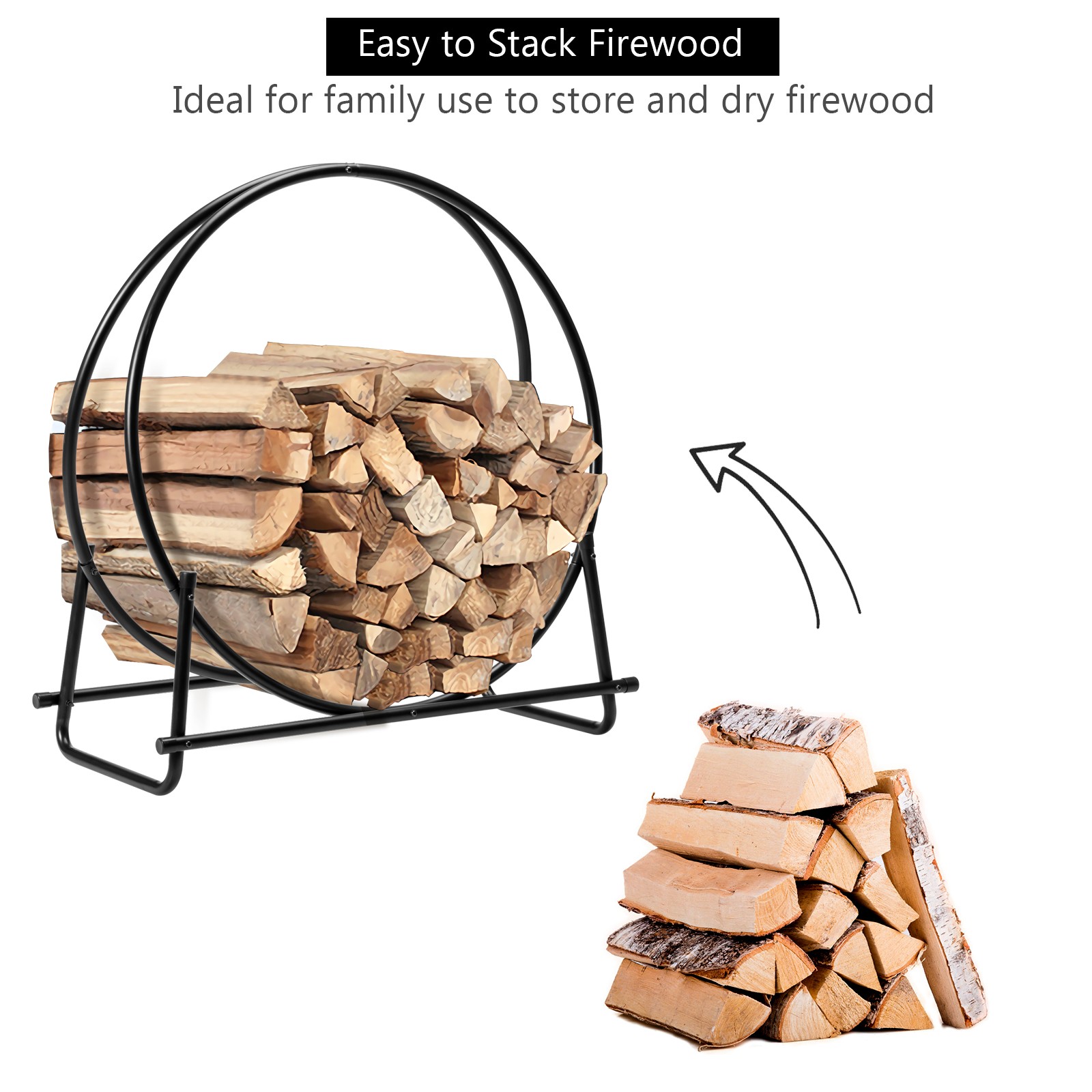 30" Tubular Steel Log Hoop Firewood Storage Rack Holder Carrier Round Display