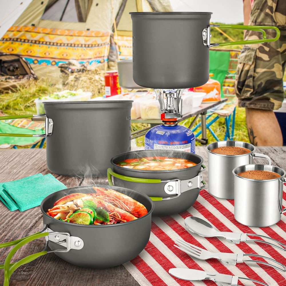 Odoland 16pcs Camping Cookware Mess Kit, Lightweight Pot Black/Silver/Gray