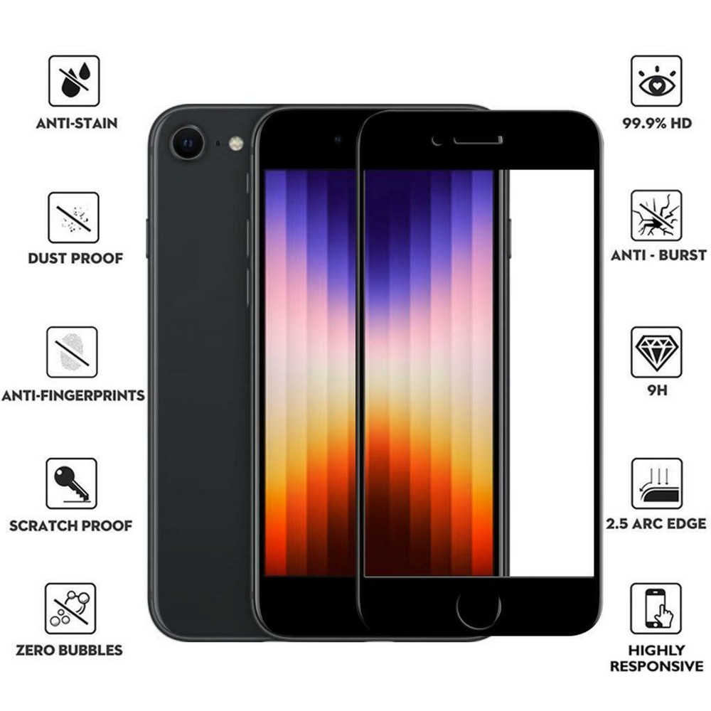 For iPhone SE 2022 2020 7 8 Full Coverage Tempered Glass Screen Protector Cover
