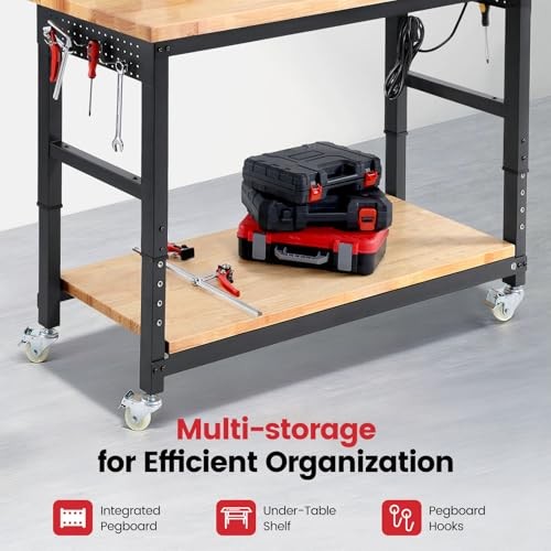 Work Bench for Garage Adjustable Workbenches with 60 INCH Double Layer&Wheels