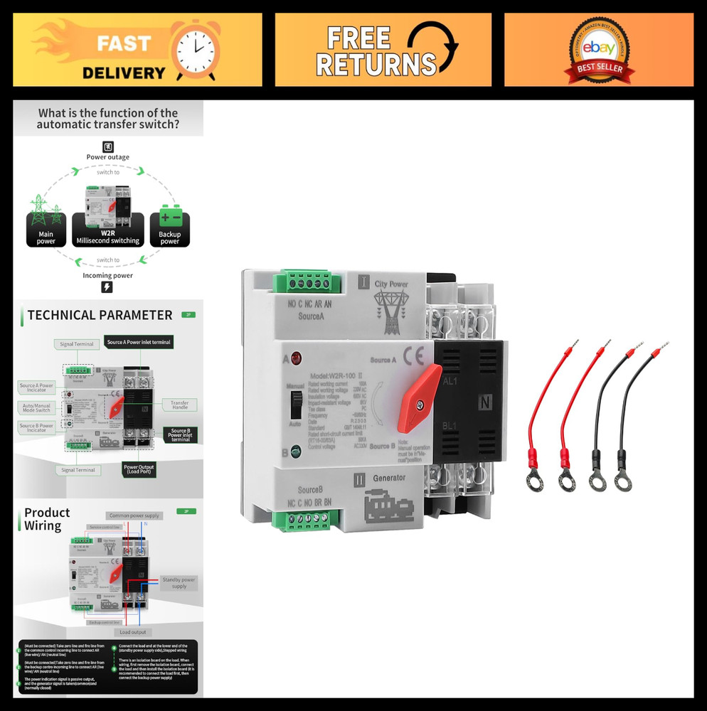 100A Automatic/Manual Transfer Switch 2P 110V, Solar Dual Power Changeover for H