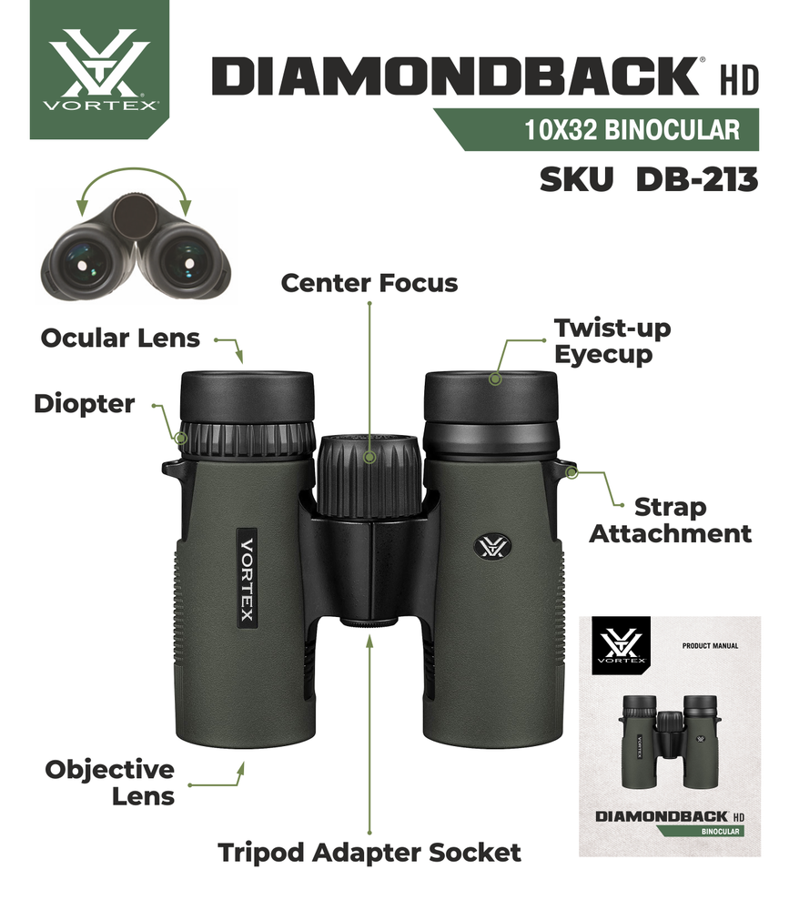 Vortex Optics Diamondback HD 10x32 Binocular with Free Camo Digital Hat Bundle